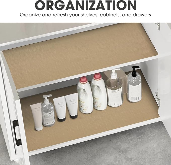 Drawer and Shelf Liner, Non-Slip Kitchen Cabinet Liners Non-Adhesive Thick Strong Grip Waterproof Washable Mats Protect Dresser Shelves Cupboard Bathroom Cabinets, Beige, 24 in X 10 FT