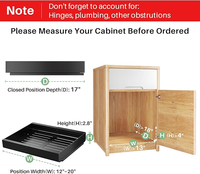 Pull out Cabinet Organizer, Expandable(12"-20") Heavy Duty Peel and Stick Roll out Drawer for Pots and Pans, Adjustable Adhesive No Drill Screw Slide out Shelf Storage for Home Kitchen Pantry