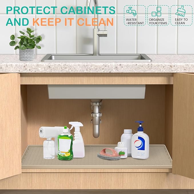 Waterproof Under Sink Mat 34" x 22", Silicone Cabinet Liner, Rubber Protector for Kitchen and Bathroom, Keeps Cabinets Clean, Dry, and Organized (Khaki)