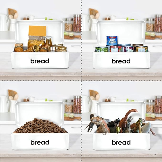 E-far Vintage Bread Box for Kitchen Countertop, White Metal Bread Storage Container Retro Bread Bin for Pastries/Loaves/Dry Food, Large Capacity & Modern Design (16.7” x 9” x 6.4”)