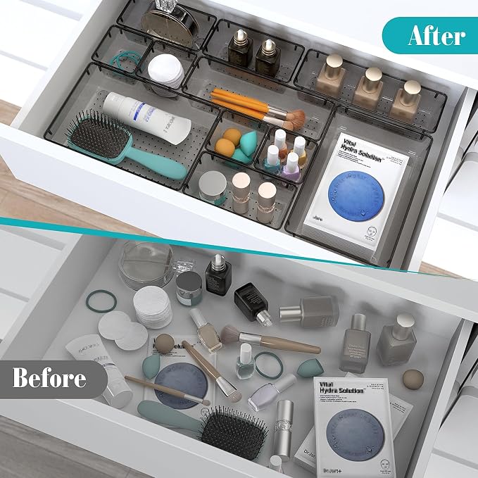 StorMiracle 13 PCS Clear Plastic Drawer Organizers Set, 4 Size Desk Drawer Organizer Trays for Makeup, Jewelry, Kitchen Utensils, Gadgets and Office Accessories, Black