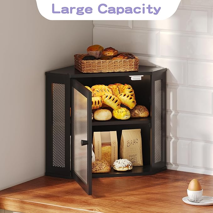 Bamboo Bread Box with Acrylic Window Display,Kitchen Countertop Storage(Black, Extra Lage)