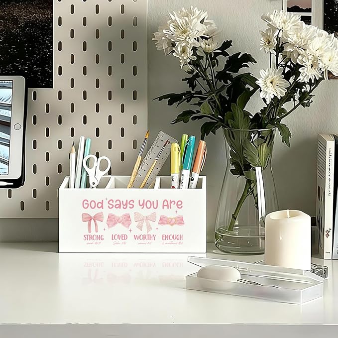 Coquette Pink Bow Christian Pen Holder, Christian Gifts for Women Pencil Holder for Desk, God Says You Are Bible Verse Wooden Box Sign Decorations for Girly Room Bedroom Dorm Desk Tabletop