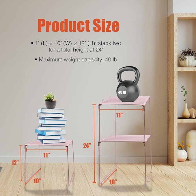 Locker Organizer Shelf, Stackable, Extra Tall, Fits Standard Size School Lockers (Pink 2 Pack)