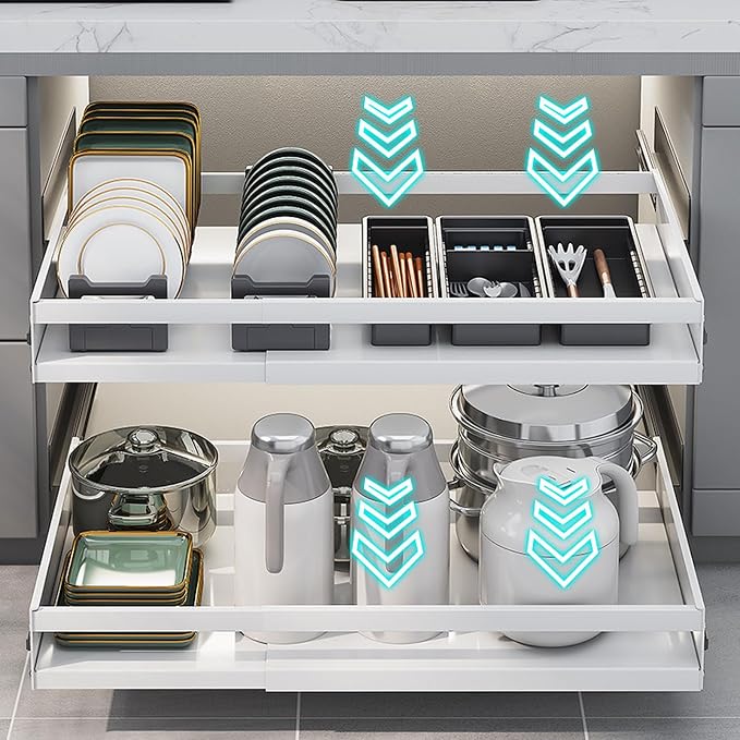 Upgraded version Pull Out Cabinet Organizer, Kitchen Sliding Shelf Under Sink Shelf, No Need Drill, kitchen cabinets, Expandable Drawer Shelves, Telescopic range 47~82cm (42cmX47-82X7cm)