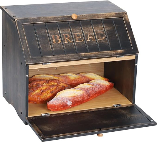 HOMEKOKO Double Layer Large Bread Box for Kitchen Counter, Retro Design Wooden Large Capacity Bread Storage Bin (Vintage Black)