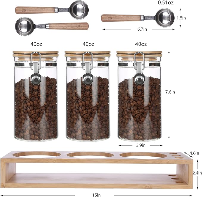 3-Pack Protein Powder Storage Containers with Bamboo Stand - 1200ml Large Borosilicate Glass Canisters for Collagen Powder & Supplements - Airtight Locking Lids & 3 Wood Handle Scoops, 40oz