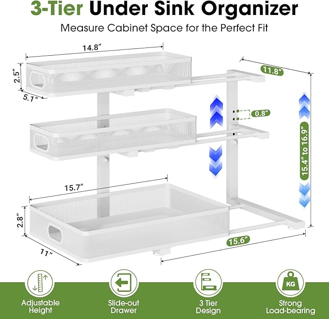 Under Sink Organizer 3 Tier, 2 Pack L-Shaped Pull-Out Cabinet Organizer with Sliding Metal Mesh Drawers, Height Adjustable Under Sink Storage Rack for Kitchen Bathroom Cabinet, White