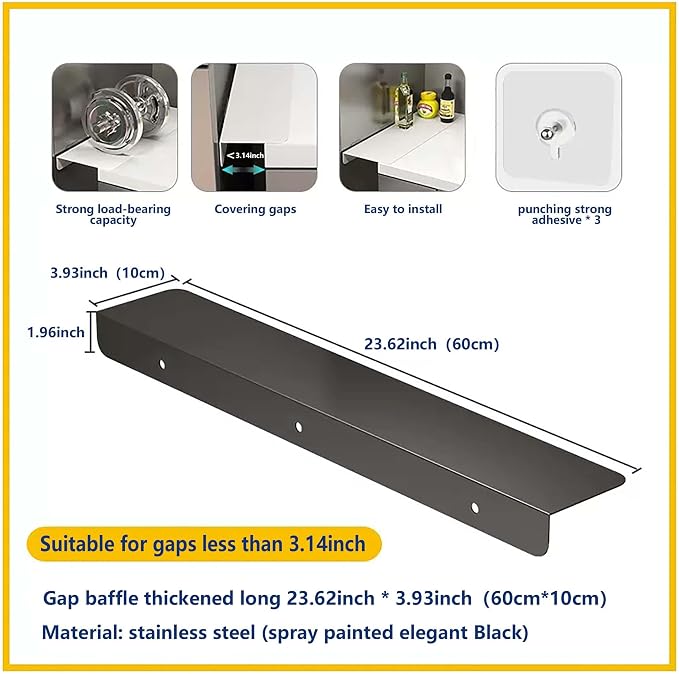 Metal Kitchen Refrigerator Gap Partition Side Panel For Crack Behind Refrigerator Kitchen Partition Panel No Drill Countertop Gap Extension Board(Black,23.62 * 3.93inch)