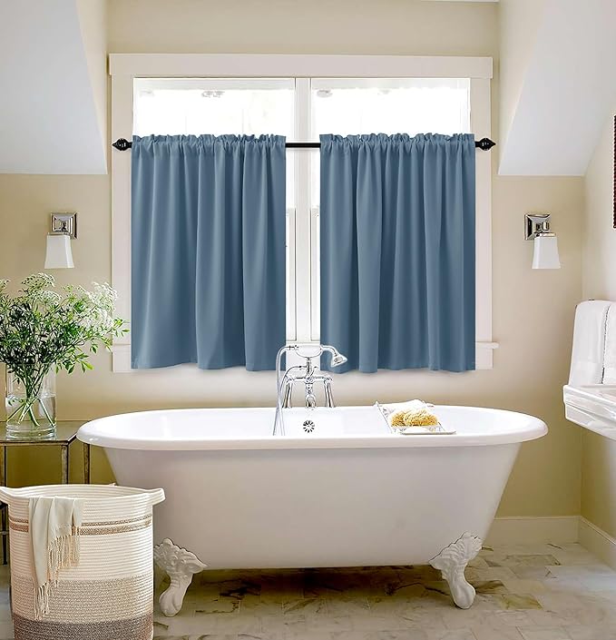 KOUFALL Dusty Blue Kitchen Curtains,Small Blackout Short Vintage Curtains for Bedroom,24 Inch Length,Stone Blue/Grey Blue