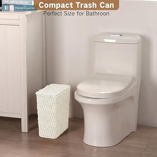 iEGrow Paper Rope Trash Can,Bathroom Trash Can with Lid, 3 Gallon Wicker Waste Basket with Removable Liner, for Bedroom, Living Room, Toilet, Under Sink Creamy White