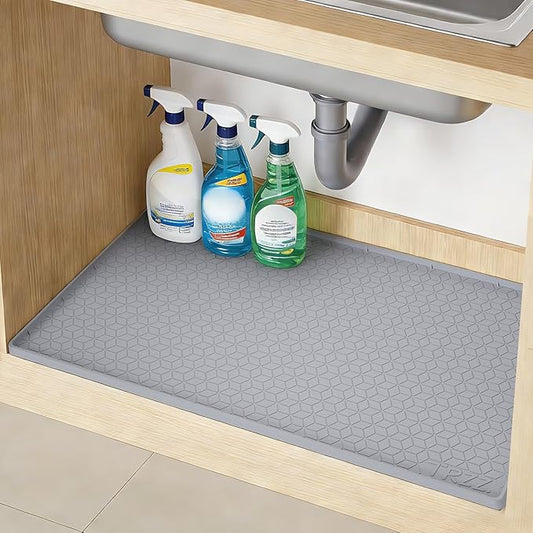 TRZZ Silicone Waterproof Under Sink Mat 28" x 22", Drip Tray and Cabinet Liner for Kitchen and Bathroom, Prevents Water Damage and Organizes Cabinets (Grey)