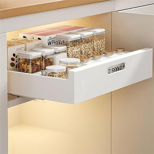 Extendable Pull Out Cabinet No Drill Sliding Drawer Space Saving Storage Solution for Kitchen Bathroom & Pantry，White 40 * 43 * 7cm