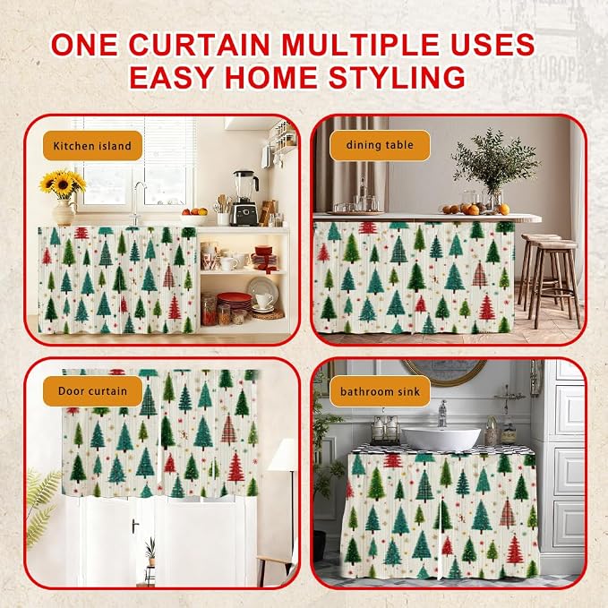 Self Adhesive Evergreen Pine Tree Cabinet Curtain for Mother's Day, 39x28 Inch Forest Under Sink Skirt No Drill, Spring Cleaning Kitchen Decor, Hook and Loop Laundry Valance, Fabric Panel