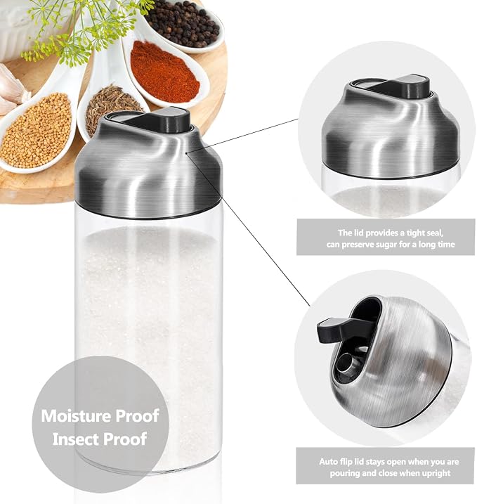 Aelga 12 OZ Glass Sugar Dispenser with Pour Spout, Weighted Pourer, for Coffee, Tea & Baking, 2 Pack
