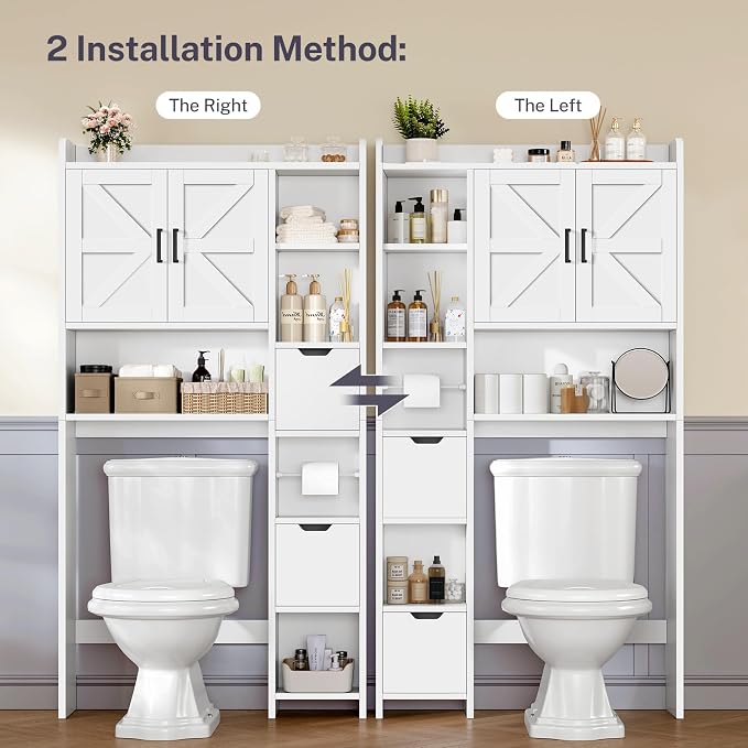 TEENFON Over the Toilet Storage Cabinet with 2 Removable Drawers, Above Toilet Storage Cabinet with 10 Storage Shelves, Taller Wooden Free Standing Bathroom Storage, Laundry Room Storage Shelf, White