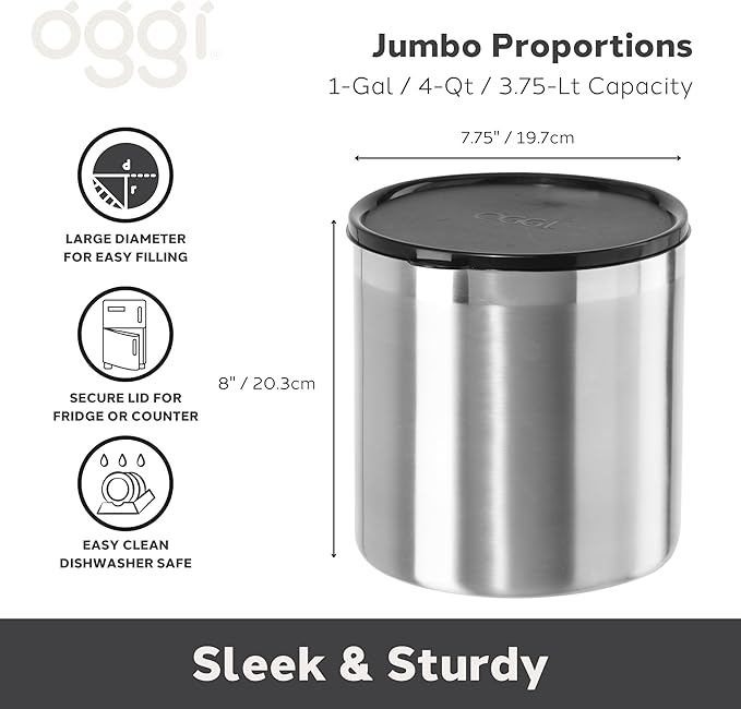 Oggi Stainless Steel Jumbo Grease Container with Removable Strainer and Snug Lid. Perfect container for fryer oil, bacon drippings, lard and ghee oil. Large capacity can - 1 Gall / 4 Qt / 3.75 Lt