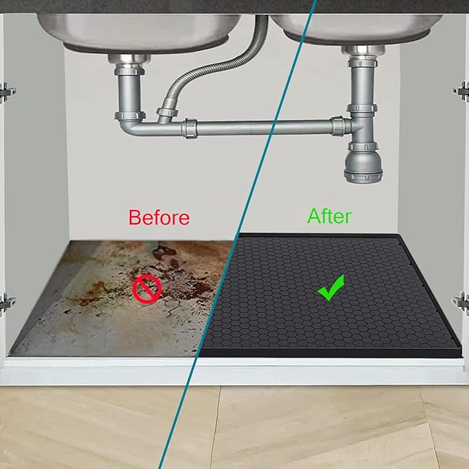 Under Sink Mat 34 x 22 for Kitchen Waterproof, Silicone Under Sink Liner Mat for Bottom of Kitchen Sink, Easy to Clean Bathroom Cabinet Mat Organizers and Storage, Black