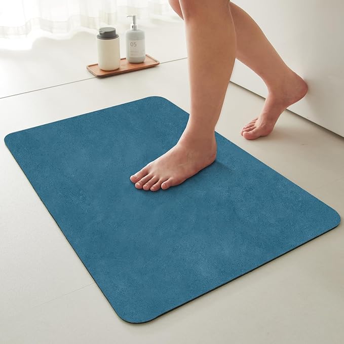 TYUU Bathroom Mat Quick Dry, Bathroom Rugs Non Slip Washable Thin Absorbent Bath Mat Fits Under Door Bathroom Floor Mat Perfect for Bath, Shower, or Sink 24"x48" Denim Blue