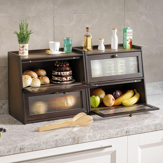 Double Layer Large Bamboo Bread Box for Kitchen Counter, Wooden Large Capacity Bread Storage Bin with Window Bread Holder (Brown)