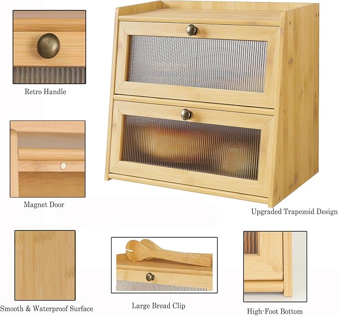 Bread Box for Kitchen Counter, Double Layer Wooden Large Capacity Bamboo Bread Storage Container with Window Bread Holder (Natural Bamboo)