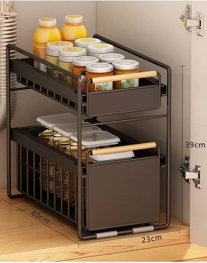 Pull Out Shelf Kitchen Storage Drawer- Slide Out Drawers for Kitchen Cabinets No Drill Shelves(Black,40x23x39 cm)
