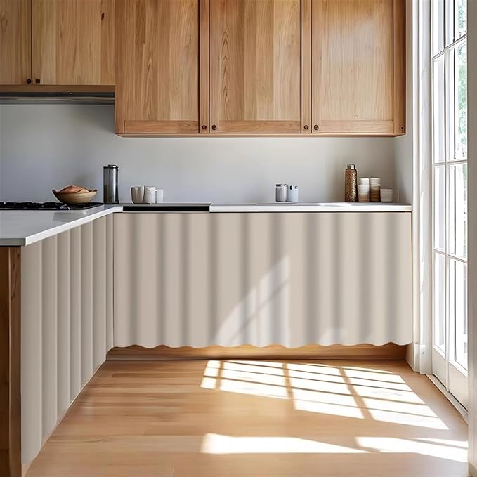 Under Sink Curtain for Closet, Privacy Short Cabinet Curtain Self Stick Adhesive Desk Skirt for Kitchen Classroom, Khaki, 32" W x 28" L