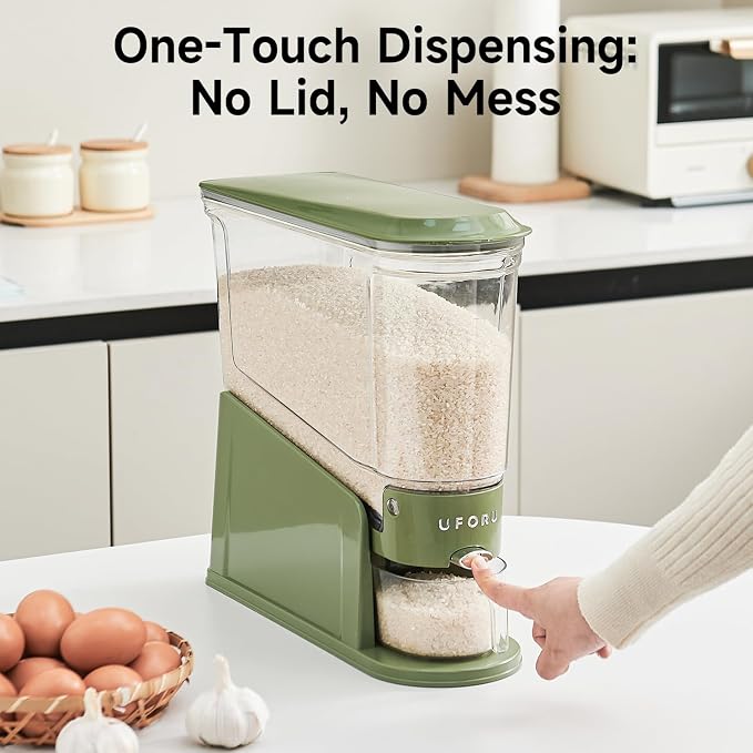 UFORU Rice Dispenser 22Lbs, Slim Rice Storage Container for Small Space, BPA-Free Clear Dry Food Dispenser Sealed Moisture Proof, Grain&Cereal Storage Bucket for Kitchen Pantry Household, Green 22Lbs