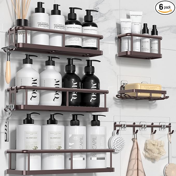 YASONIC Shower Caddy Adhesive, Rustproof Shower Organizer with Soap Holder, Large Capacity Shower Shelves for Inside Shower, No Drilling Bathroom Organizers and Storage for Home Decor（6 Pack Bronze）