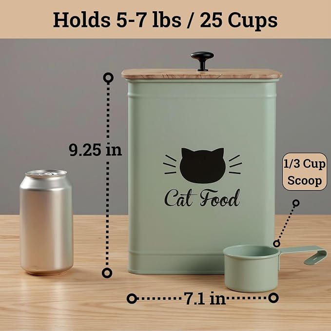 Cat Food Storage Container with Scoop - 5-7lb (25 Cup) Capacity Metal Cat Kibble Canister with Airtight Bamboo Lid and Metal Scoop - Airtight Pet Food Storage Containers 5 lb - 7 lb Kibble Container