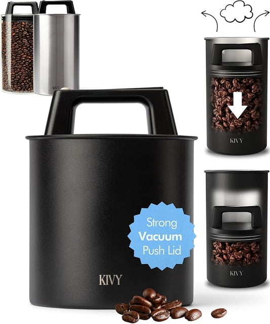 KIVY Vacuum Coffee Canister - Push Lid Preserves Aroma & Oil - Stainless Steel Airtight Container for Ground & Bean Storage - Removes Excess Air