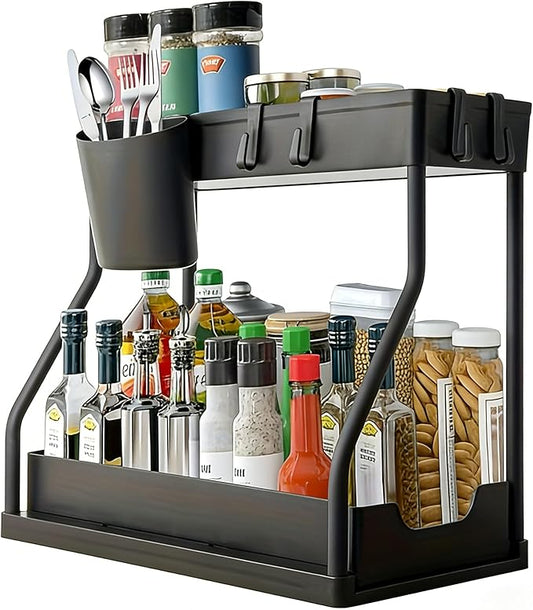 Under Sink Organizer, 2 Tier Pull out Cabinet Telescopic Rack, Under Sink Organizer for Kitchen,Bathroom,Storage (1 Pack, Black)