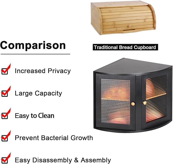 HOMEKOKO Double Layers Bamboo Corner Bread Box for Kitchen Counter, Vintage Wooden Large Capacity Bamboo Bread Food Storage Bin (Black)