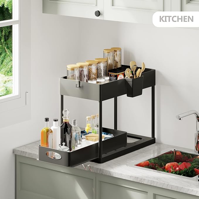 Hearth & Harbor 2-Tier Under Sink Organizer, Black, Plastic, 12" H x 8" W x 15.5" L