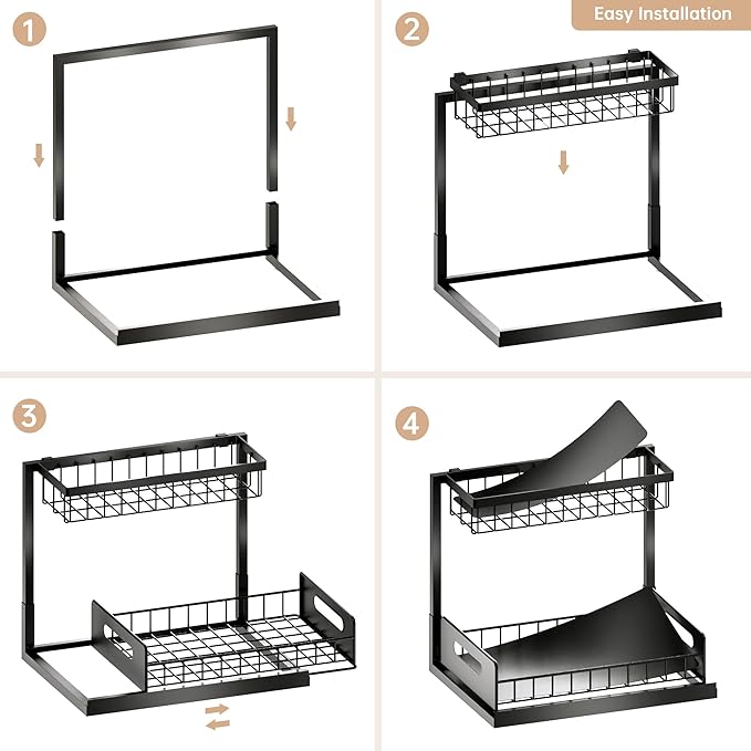 Under Sink Organizer and Storage 2 Pack, Slide Out Cabinet Organizer, Pull Out Sink Shelf for Kitchen Bathroom Laundry, Black