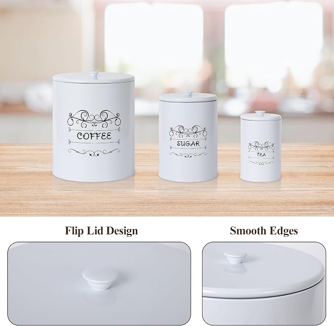 Kitchen Canisters Set of 3, Food Storage Containers for Countertop, Large Airtight Coffee Sugar Tea Containers with Lids, White Farmhouse Decor