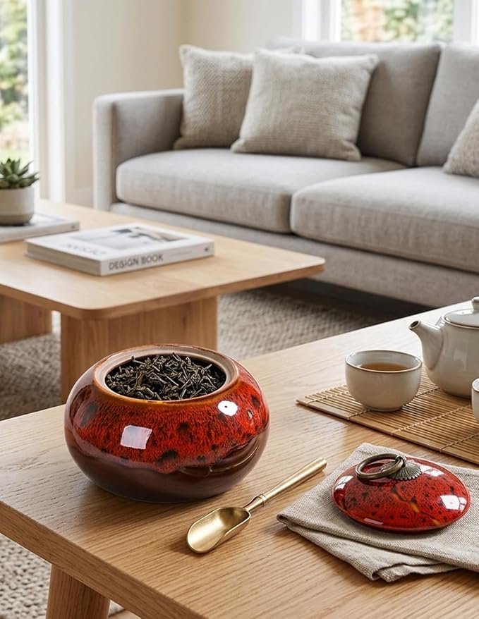 Simcat Ceramic Storage Jars, Exquisite Glaze Food Canisters for Kitchen Spice Storage, Tea Caddy Storage, Coffee Jar, Condiment Jar with Seal Lid (Red B)