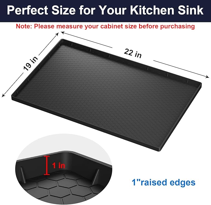 Under Sink Mats for Kitchen Waterproof - 22" x 19" Waterproof Kitchen Cabinet Mat - Flexible Silicone Under Sink Liner - Bathroom Cabinet Mat and Protector for Drips Leaks Spills (Black)