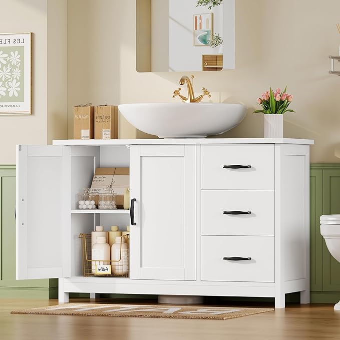 TEENFON Pedestal Sink Storage Cabinet with 2 Doors & 3 Drawers, Bathroom Sink Cabinet, Under Sink Storage with U-Shape Cut-Out, White