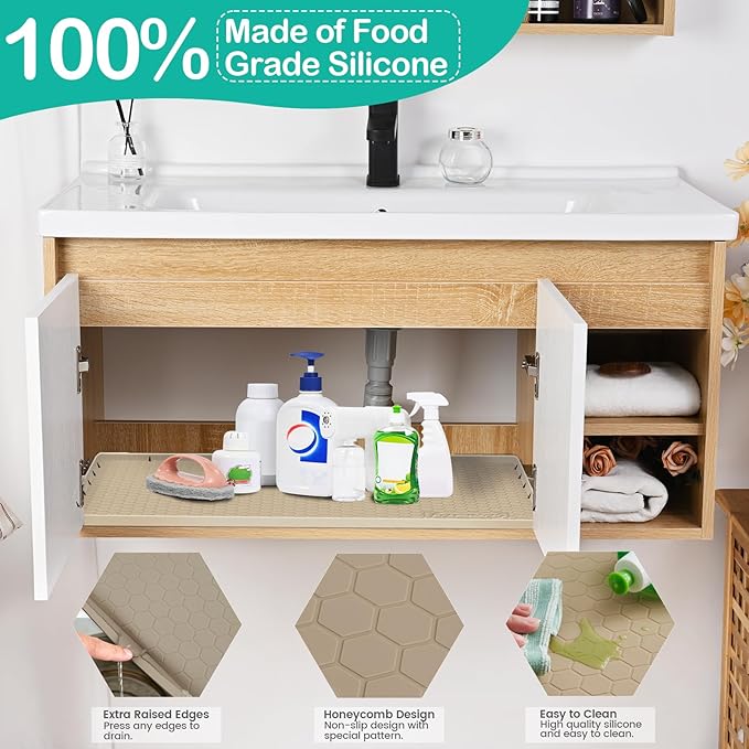 Waterproof Under Sink Mat 34" x 22", Silicone Cabinet Liner, Rubber Protector for Kitchen and Bathroom, Keeps Cabinets Clean, Dry, and Organized (Light Grey)