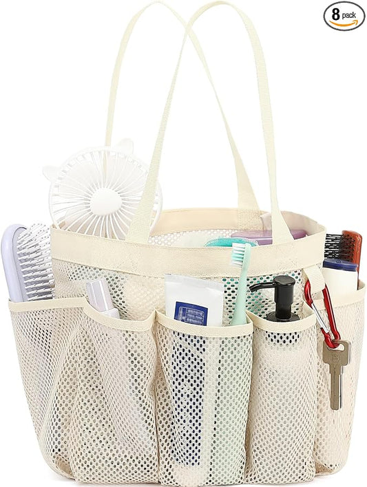 Fammart Mesh Shower Caddy Portable for College Dorm Room Essentials, Odorless Polyester Large Shower Tote Bag with Dual Handles, 8-Pocket Quick-Dry Toiletry Organizer for Travel, Beach, Camping, Gym