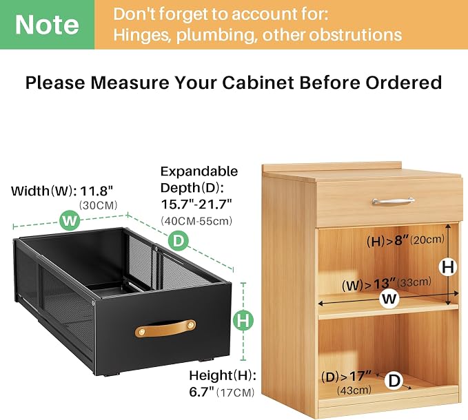 Pull out Cabinet Organizer, 2-Pack Expandable Depth(15.7"-21.7") with Raising Pad for Framed Cabinets, Heavy Duty Slide out Drawers,Roll Out Shelves for Kitchen, Pantry Organizers and Storage(Black)
