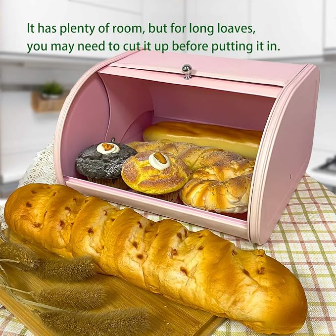 KL X458 Pink Bread Box Roll Top, Metal Bread Box for Kitchen Countertop, Large Capacity, Keeps Bakery Items Fresh Longer, Bread Bin for Kitchen Countertop, Breadbox to Store Cookies, Bagels, Muffins