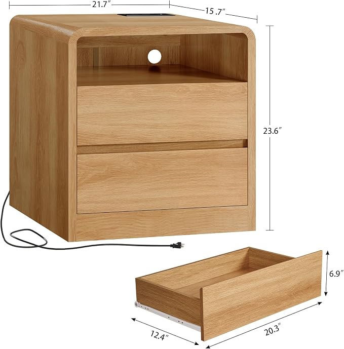 TEENFON Nightstands Set of 2 with Charging Station & LED Lights, Curved Corner Bedside Table 21.7" W, 2 Drawers & Open Shelf, USB-C & USB Ports, Natural, Storage End Table for Bedroom/Living Room