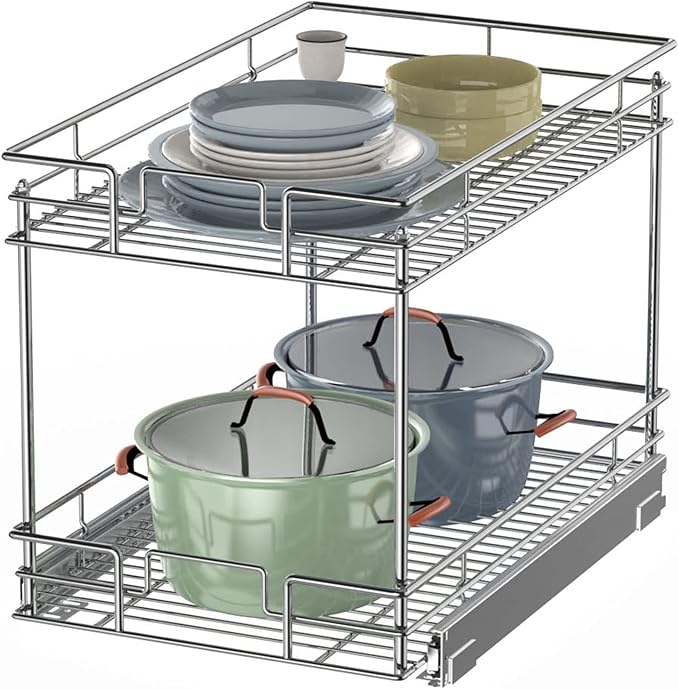 LOVMOR 2-Tier Pull Out Cabinet Organizer, 14" W x 21" D, Chrome Pull Out Drawer for Base Cabinet Silver
