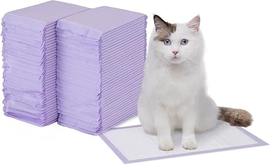 Amazon Basics Cat Pee Pads, Odor Control, Super Absorbent, Disposable, Universal Fit for Litter Box, Unscented, Multi-Cat, White/Purple, 80 Count