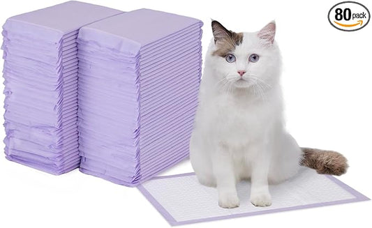 Amazon Basics Cat Pee Pads, Odor Control, Super Absorbent, Disposable, Universal Fit for Litter Box, Fresh Scent, Multi Cat, White/Purple, 80 Count