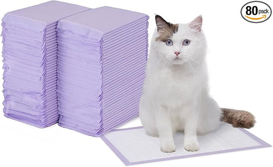 Amazon Basics Cat Pee Pads, Odor Control, Super Absorbent, Disposable, Universal Fit for Litter Box, Lemon Scent, Multi Cat, White/Purple, 80 Count
