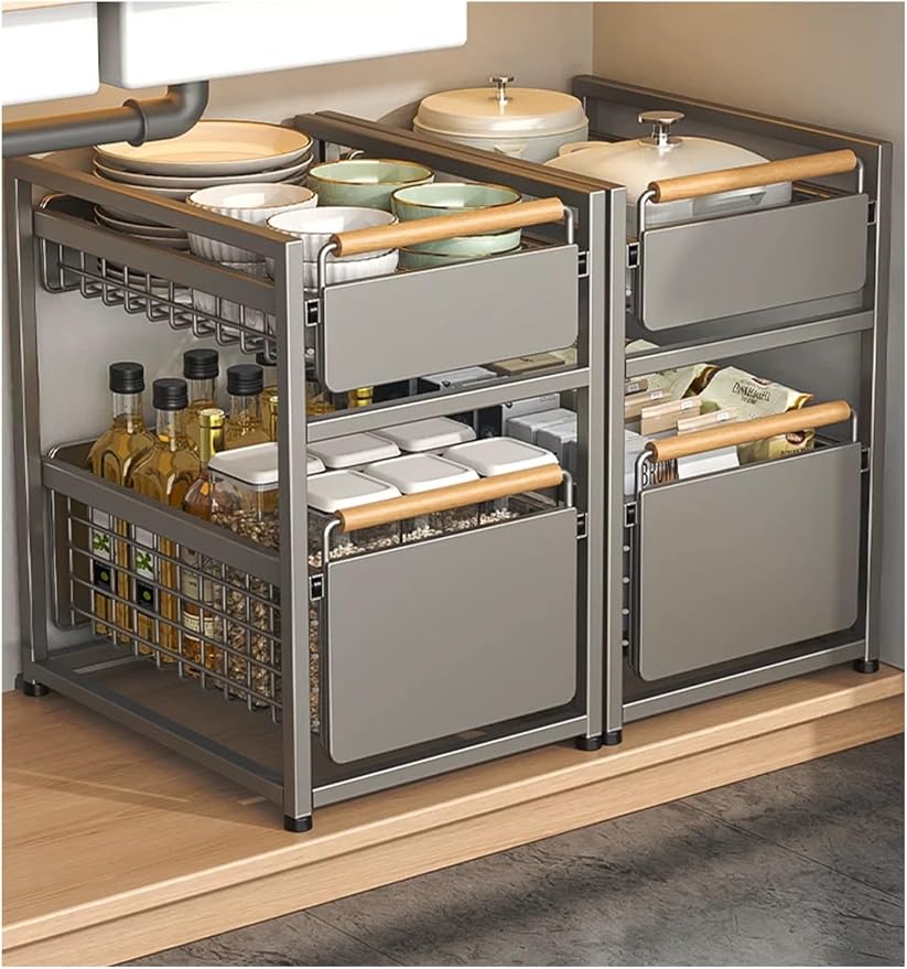 Pull Out Shelf Kitchen Storage Drawer- Slide Out Drawers for Kitchen Cabinets No Drill Shelves(Black,40x28x39 cm)