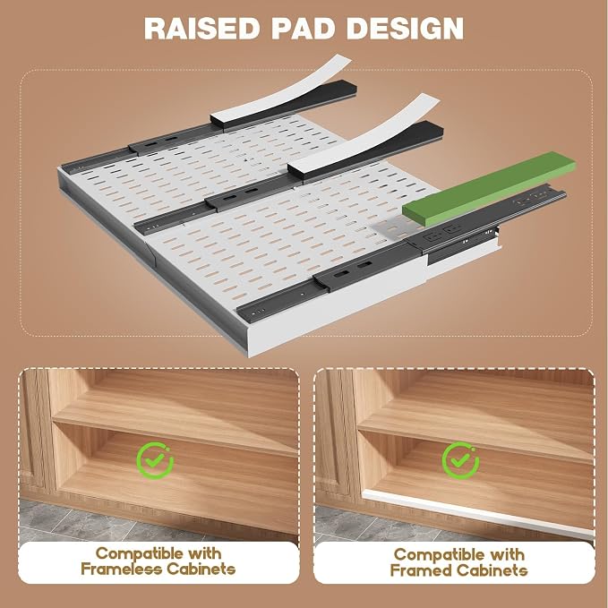 Seinloes 4 Pack Pull Out Cabinet Organizer Expandable Width (15"-24.8") & Depth (16.2"-23.6"), 3 Slide Rails Slide Out Drawers with Handle, Includes Raising Pad for Framed Cabinets, White